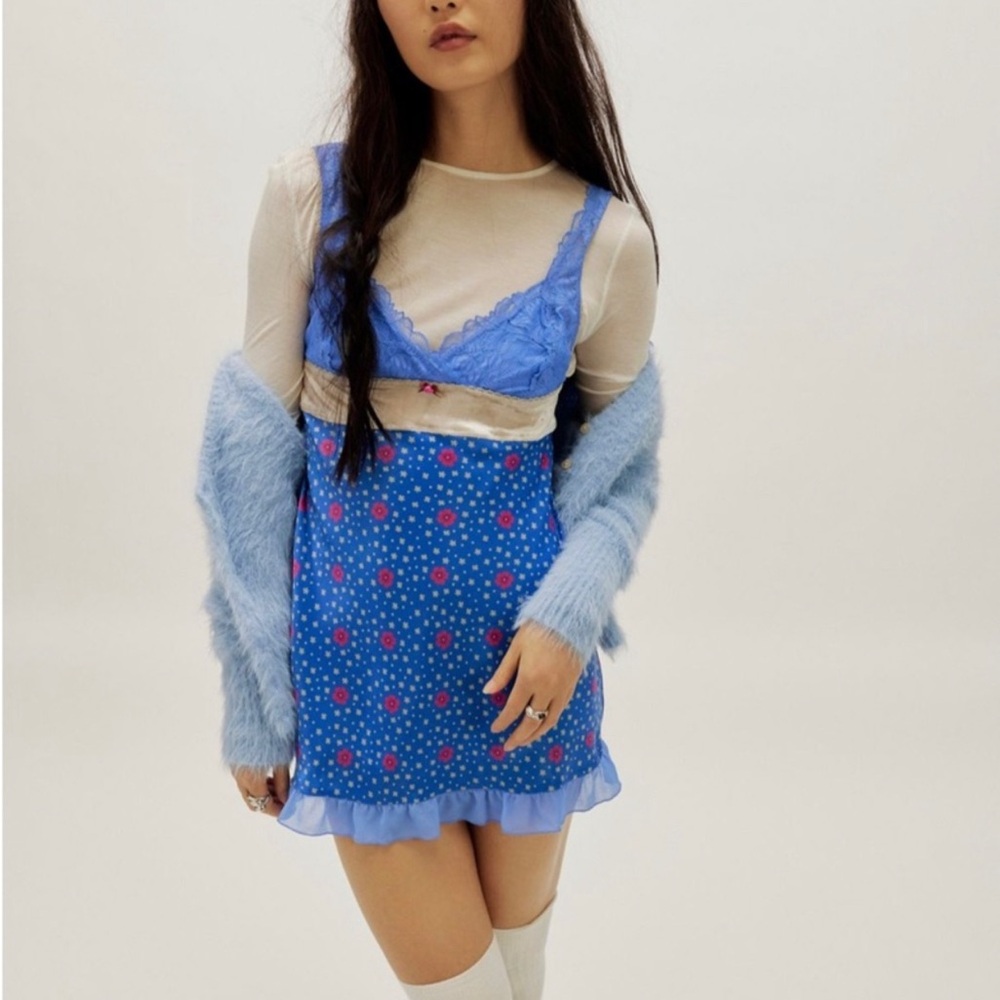 Free People Blue slip dress with Pink Floral Print